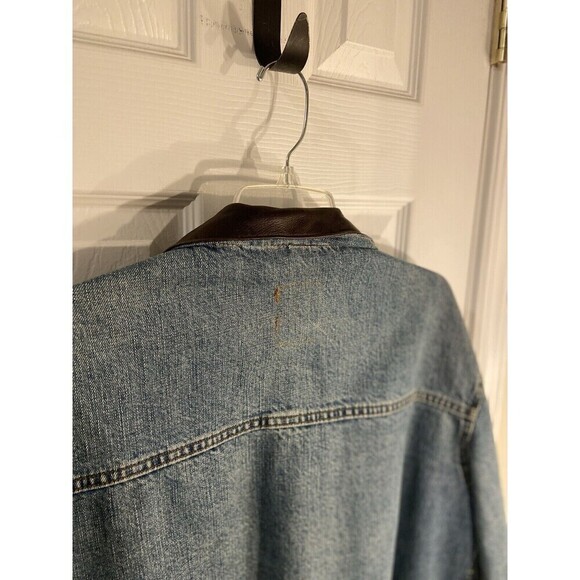 Robert Comstock Denim Jacket Mens Large Blue Leather Collar Made in Italy - Picture 5 of 15